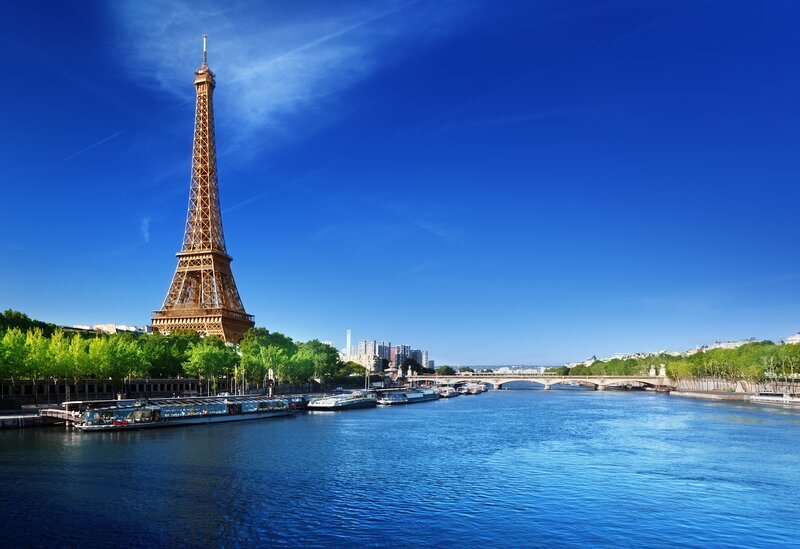 Eiffel Tower and Seine River — Blue, Serene, Afternoon, Photograph, Bridge