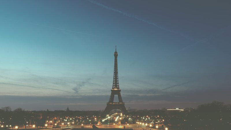 Eiffel Tower at Dusk — Blue, Calm, Photograph, City Lights, Sky