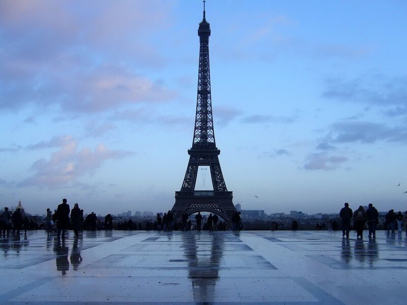 Eiffel Tower at Dusk — Blue, Calm, Sunset, Photograph, People, Sky
