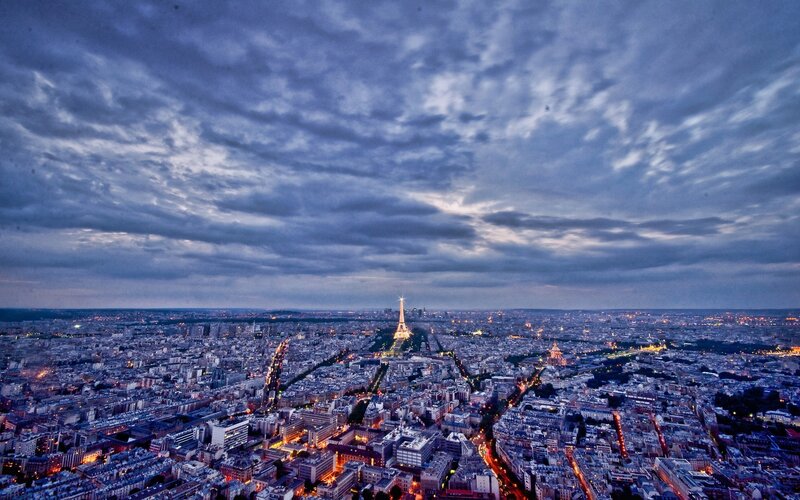 Eiffel Tower at Dusk — Blue, Dramatic, Night, Photograph, Cityscape, Clouds, Buildings
