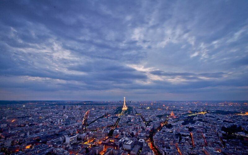 Eiffel Tower at Dusk — Blue, Dramatic, Night, Photograph, Cityscape, Clouds, Lights