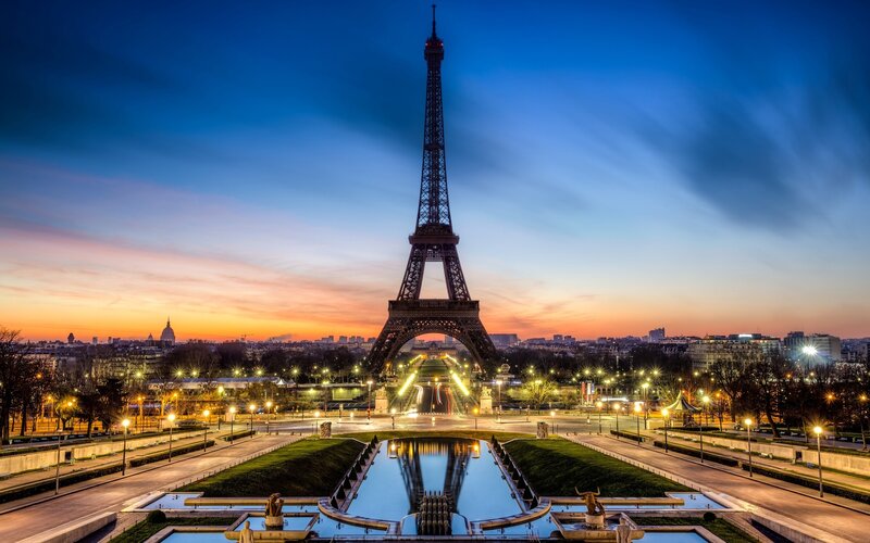 Eiffel Tower at Dusk — Blue, Dramatic, Sunset, Photograph, City Skyline