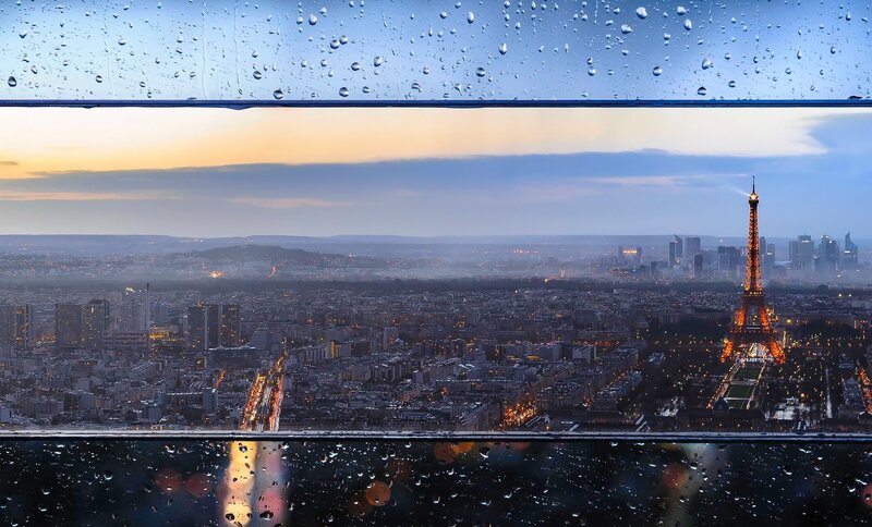 Eiffel Tower at Dusk — Blue, Dramatic, Sunset, Photograph, Cityscape, Raindrops