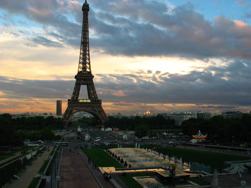 Eiffel Tower at Dusk — Blue, Dramatic, Sunset, Photograph, Fountain