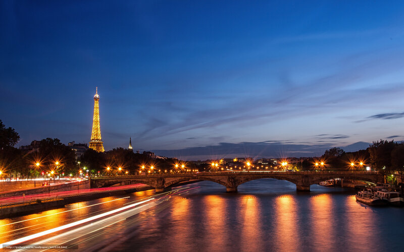 Eiffel Tower at Dusk — Blue, Serene, Night, Photograph, Bridge, River, City Lights