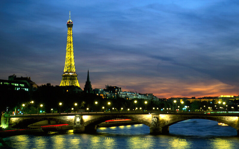 Eiffel Tower at Dusk — Blue, Serene, Night, Photograph, Bridge, River, Cityscape, Yellow, Orange