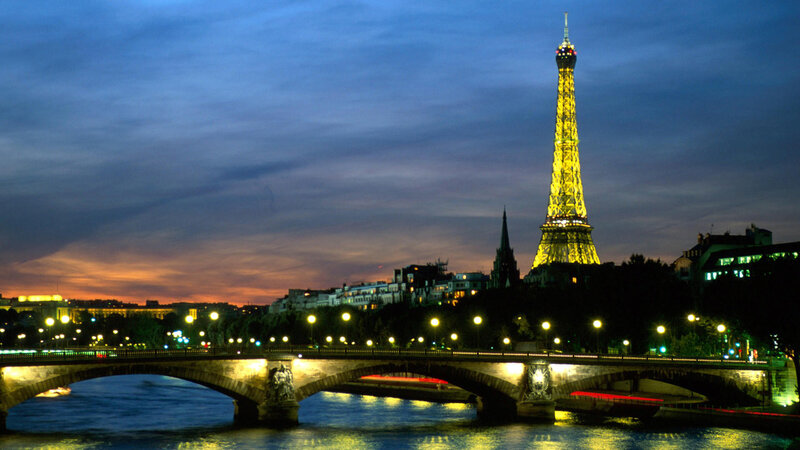 Eiffel Tower at Dusk — Blue, Serene, Night, Photograph, Bridge