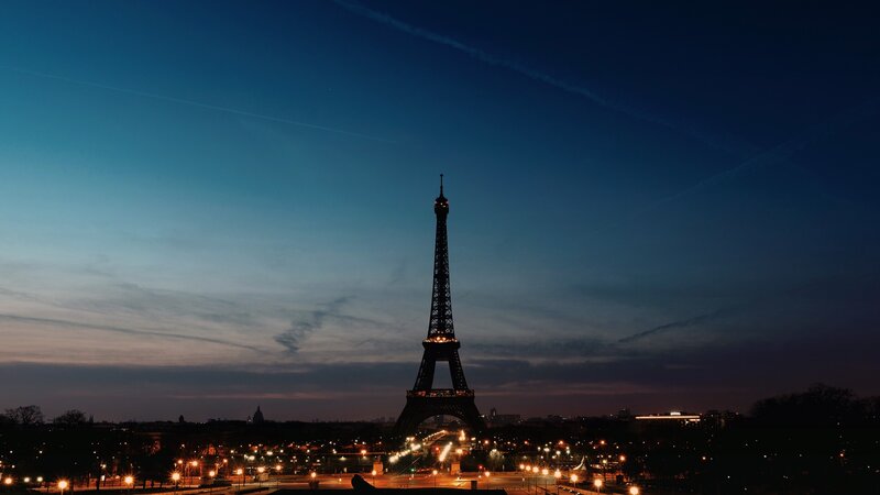 Eiffel Tower at Dusk — Blue, Serene, Night, Photograph, City Lights, Sky