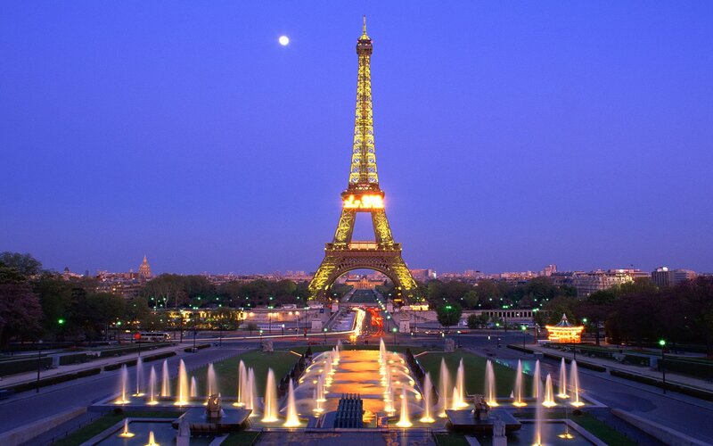 Eiffel Tower at Dusk — Blue, Serene, Night, Photograph, Fountains