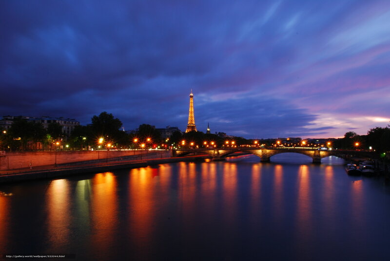 Eiffel Tower at Dusk — Blue, Serene, Night, Photograph, River, Bridge, City Lights