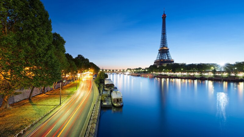 Eiffel Tower at Dusk — Blue, Serene, Night, Photograph, River