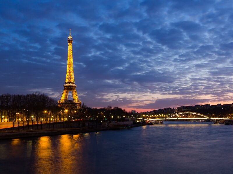 Eiffel Tower at Dusk — Blue, Serene, Night, Photograph, Seine River, Bridge, Clouds