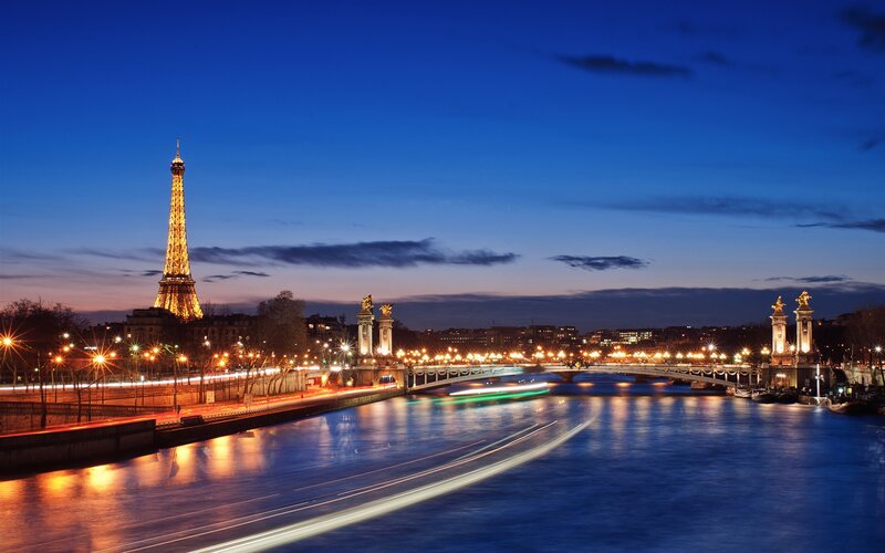 Eiffel Tower at Dusk — Blue, Serene, Night, Photograph, Seine River, Bridge