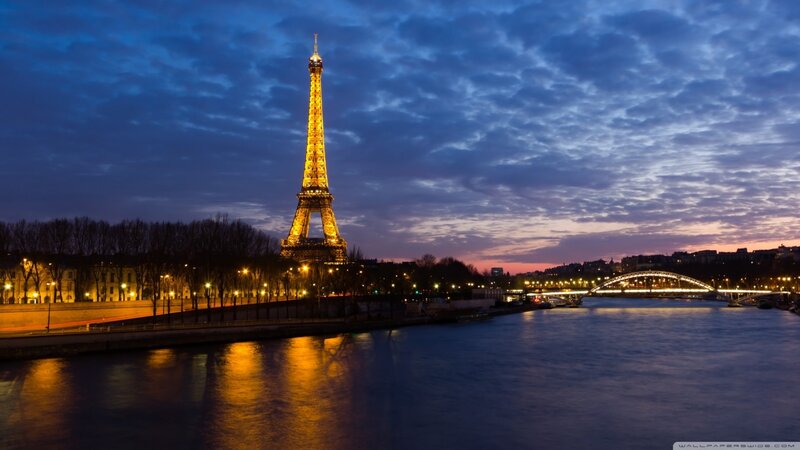 Eiffel Tower at Dusk — Blue, Serene, Night, Photograph, Seine River, Bridge, Trees