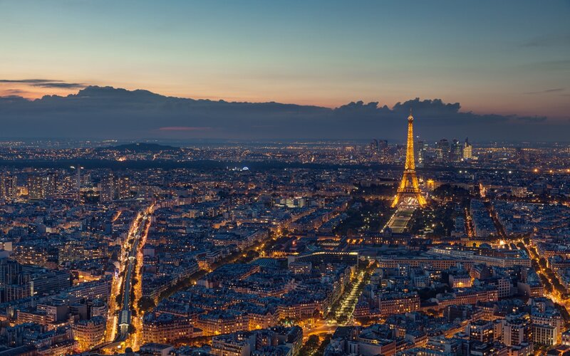 Eiffel Tower at Dusk — Blue, Serene, Sunset, Photograph, Cityscape, Buildings