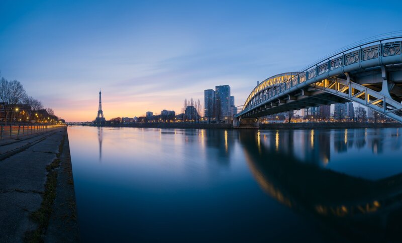 Eiffel Tower at Dusk — Blue, Serene, Sunset, Photograph, River, Bridge, City Skyline