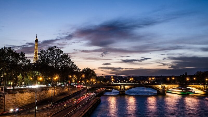 Eiffel Tower at Dusk — Blue, Serene, Sunset, Photograph, River, Bridge
