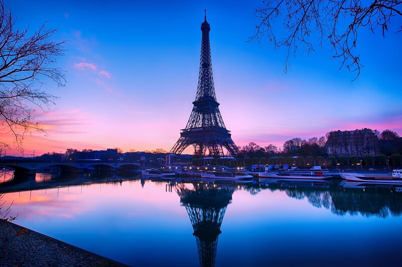 Eiffel Tower at Dusk — Blue, Serene, Sunset, Photograph, River