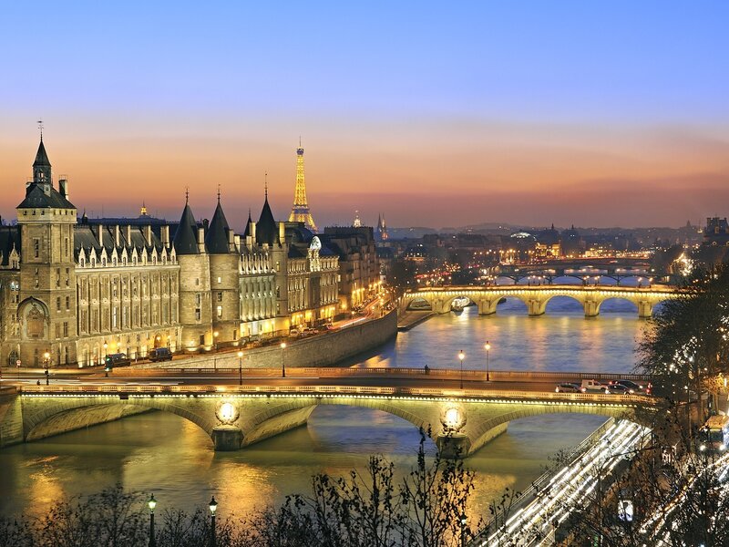 Eiffel Tower at Dusk — Blue, Serene, Sunset, Photograph, Seine River, Bridges
