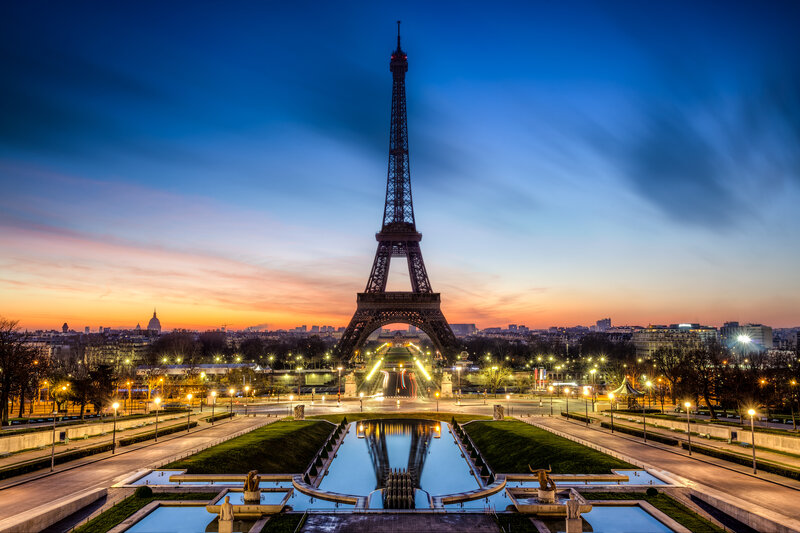 Eiffel Tower at Dusk — Blue, Serene, Sunset, Photograph