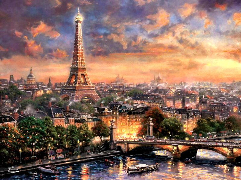 Eiffel Tower at Dusk — Orange, Dramatic, Sunset, Painting, Cityscape