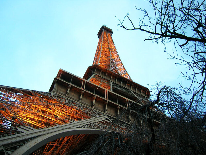 Eiffel Tower at Dusk — Orange, Dramatic, Sunset, Photograph, Tree Branches
