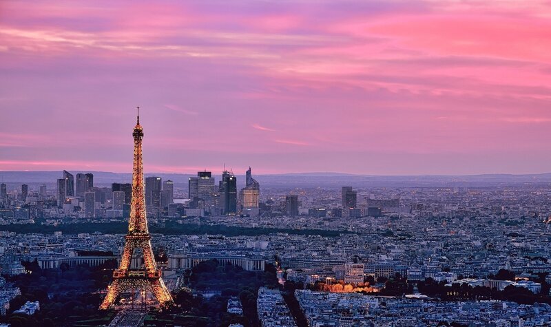 Eiffel Tower at Dusk — Pink, Serene, Sunset, Photograph