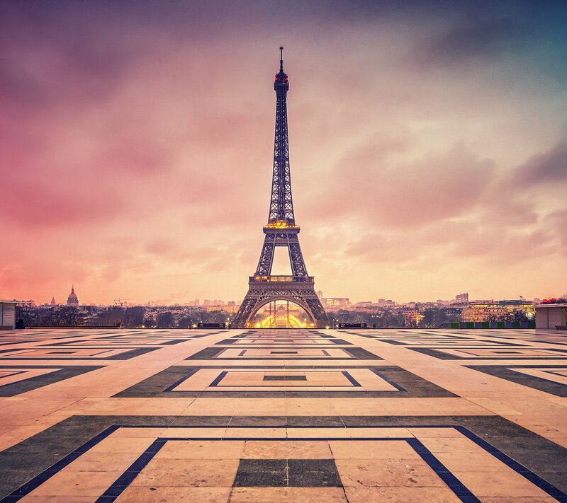 Eiffel Tower at Dusk — Pink, Serene, Sunset