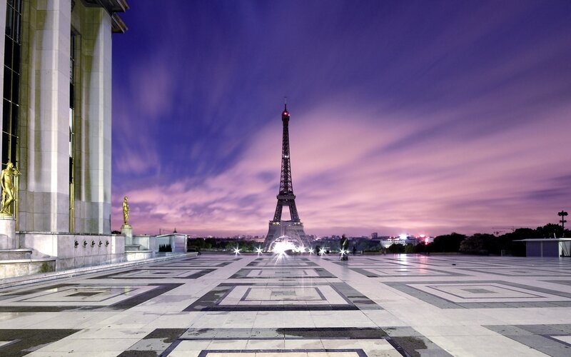 Eiffel Tower at Dusk — Purple, Dramatic, Night, Photograph, Building