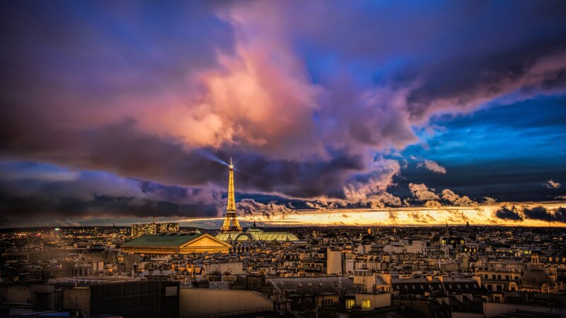Eiffel Tower at Dusk — Purple, Dramatic, Sunset, Photograph, Paris Cityscape
