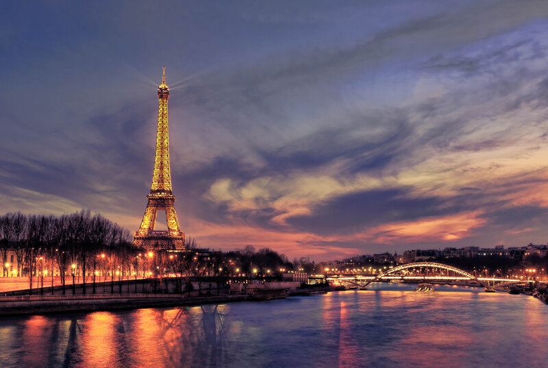Eiffel Tower at Dusk — Purple, Dramatic, Sunset, Photograph, Seine River