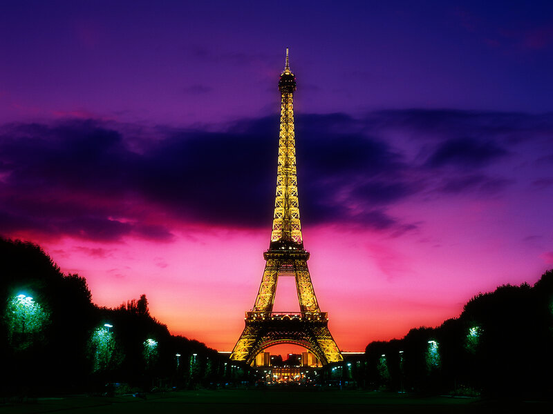 Eiffel Tower at Dusk — Purple, Dramatic, Sunset, Photograph, Sky, Trees, Streetlights, Pink, Orange