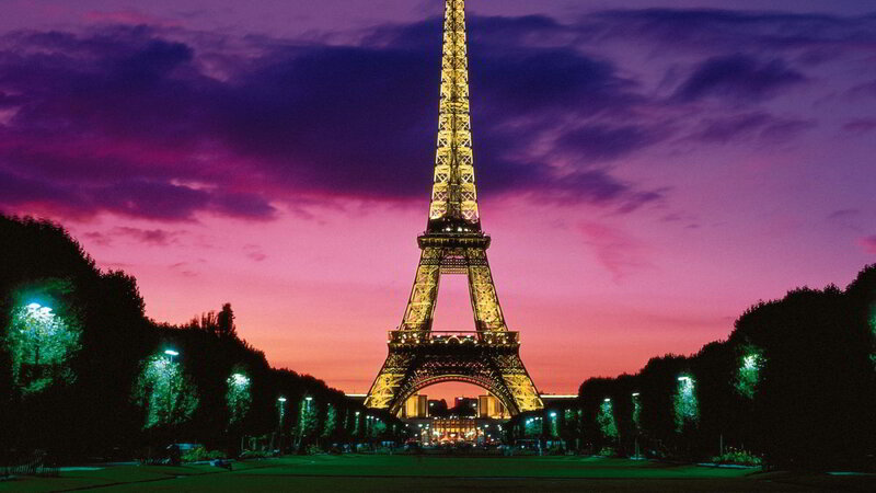 Eiffel Tower at Dusk — Purple, Dramatic, Sunset, Photograph, Sky, Trees