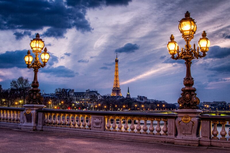 Eiffel Tower at Dusk — Purple, Dramatic, Sunset, Photograph, Street Lamps