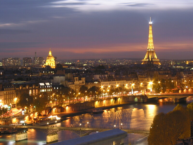 Eiffel Tower at Dusk — Purple, Serene, Night, Photograph, Seine River