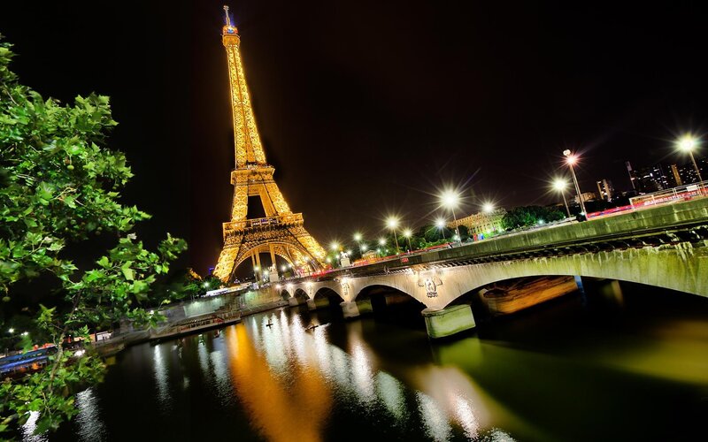 Eiffel Tower at Night — Black, Dramatic, Photograph, Bridge, River, Trees