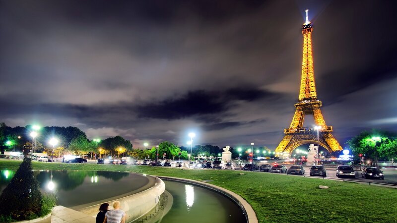 Eiffel Tower at Night — Black, Dramatic, Photograph, Cars, Fountain