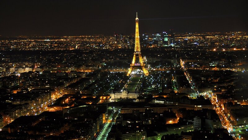 Eiffel Tower at Night — Black, Dramatic, Photograph, City Lights, Buildings, Avenue, Yellow