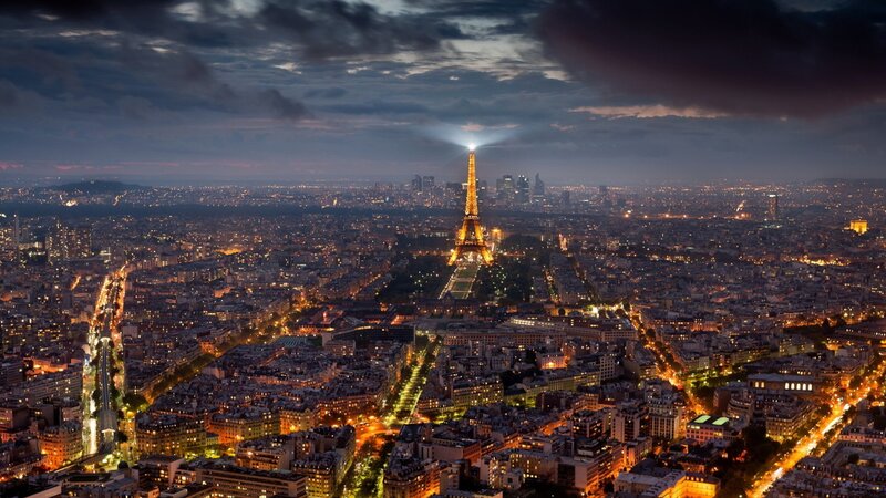 Eiffel Tower at Night — Black, Dramatic, Photograph, City Lights, Clouds