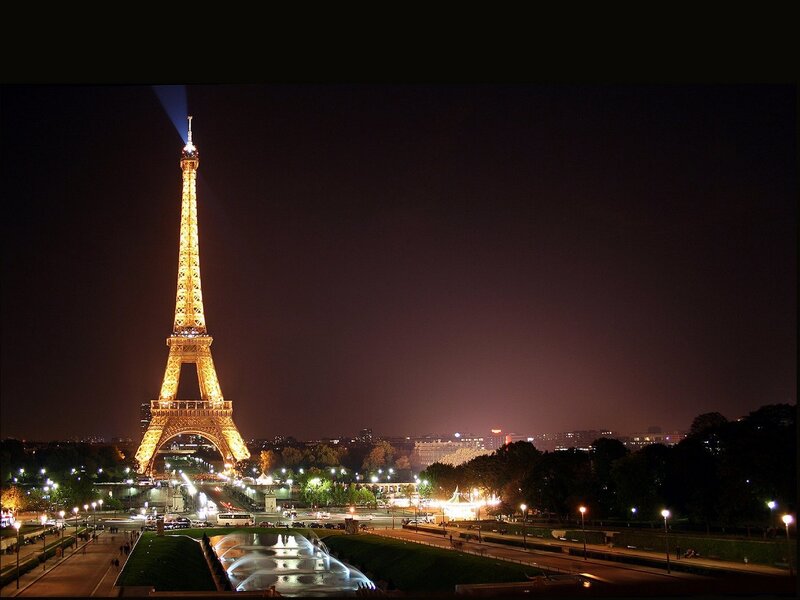 Eiffel Tower at Night — Black, Dramatic, Photograph, City Lights, Fountain, Trees