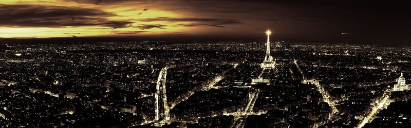 Eiffel Tower at Night — Black, Dramatic, Photograph, City Lights, Sky, Buildings, Yellow