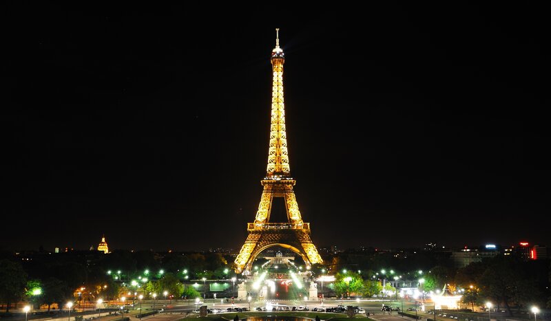 Eiffel Tower at Night — Black, Dramatic, Photograph, City Lights