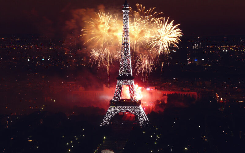 Eiffel Tower at Night — Black, Dramatic, Photograph, Fireworks