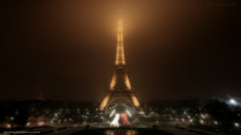 Eiffel Tower at Night — Black, Dramatic, Photograph, Fog, Lights