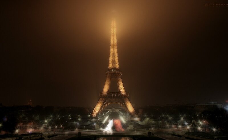 Eiffel Tower at Night — Black, Dramatic, Photograph, Fog