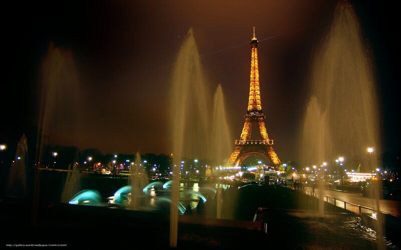 Eiffel Tower at Night — Black, Dramatic, Photograph, Fountain, Lights
