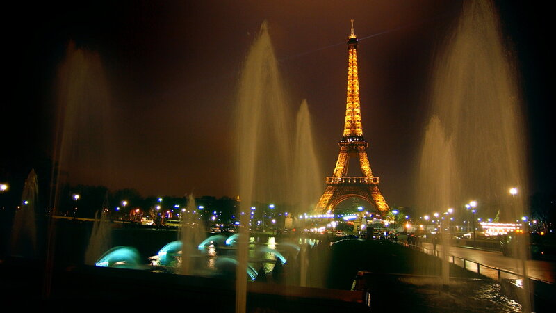 Eiffel Tower at Night — Black, Dramatic, Photograph, Fountains, City Lights