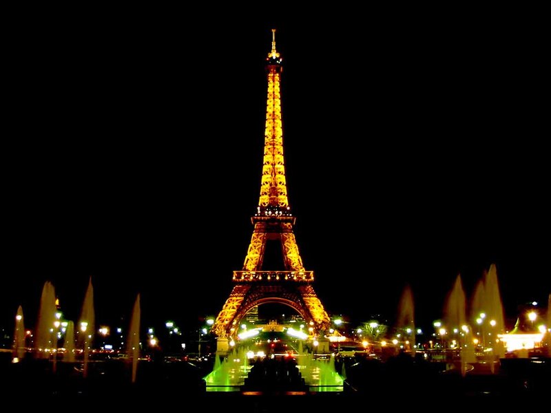 Eiffel Tower at Night — Black, Dramatic, Photograph, Fountains, Lights
