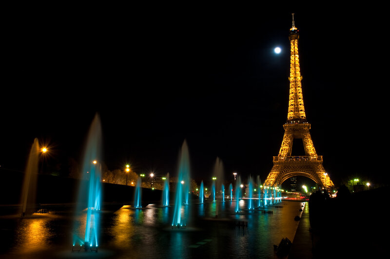Eiffel Tower at Night — Black, Dramatic, Photograph, Fountains, Moon