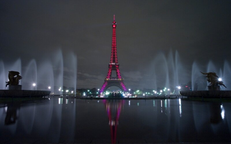 Eiffel Tower at Night — Black, Dramatic, Photograph, Fountains, Sculptures, Reflection